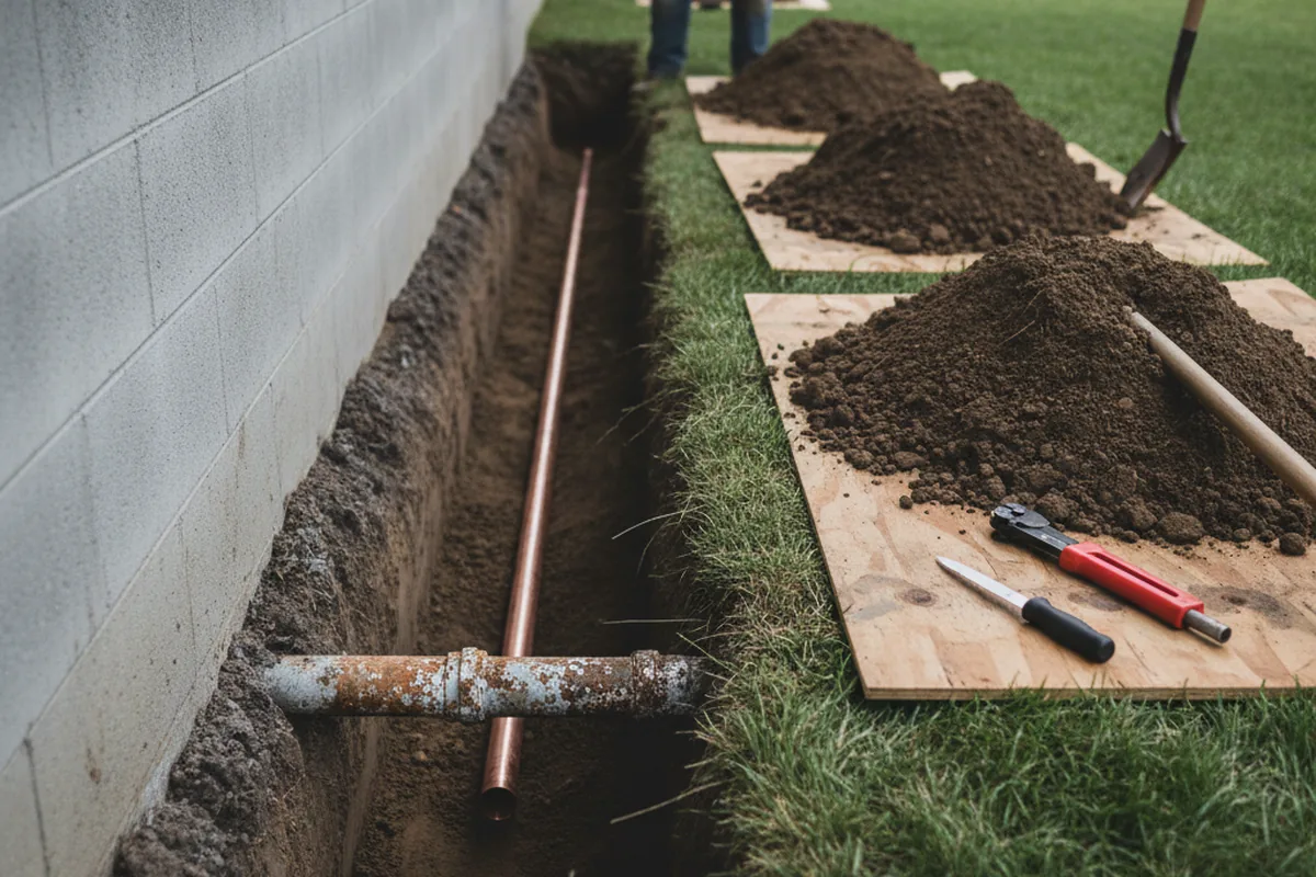 Excavated water line trench during Water Heater Repair in Forest